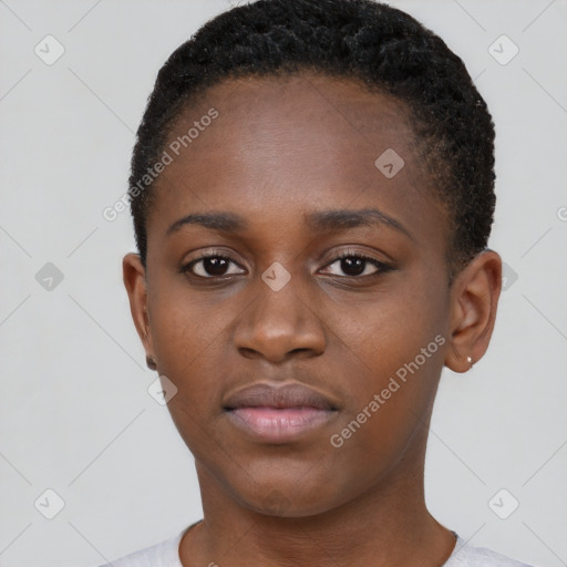 Neutral black young-adult female with short  brown hair and brown eyes