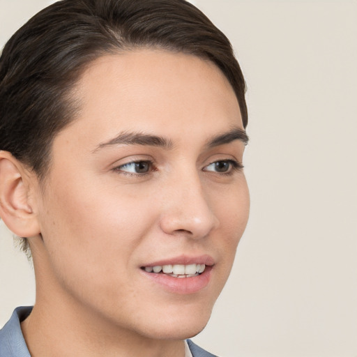 Joyful white young-adult female with short  brown hair and brown eyes