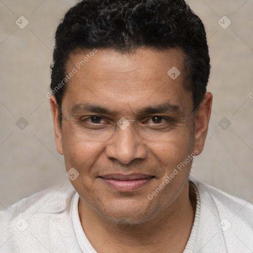 Joyful white adult male with short  black hair and brown eyes
