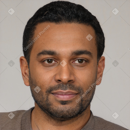 Neutral latino young-adult male with short  black hair and brown eyes