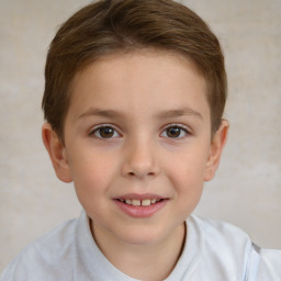 Joyful white child female with short  brown hair and brown eyes