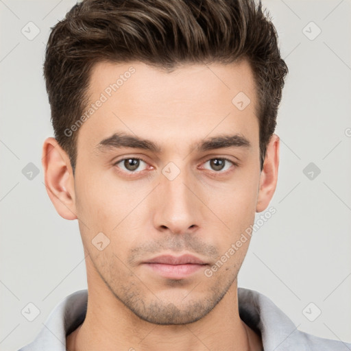 Neutral white young-adult male with short  brown hair and brown eyes