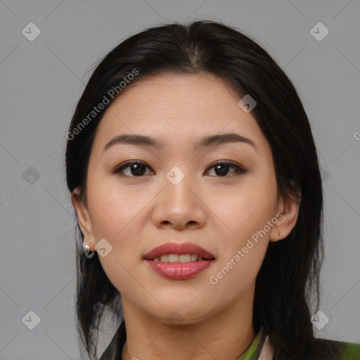 Joyful asian young-adult female with medium  black hair and brown eyes