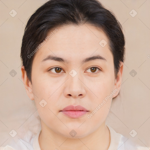 Neutral white young-adult female with medium  brown hair and brown eyes