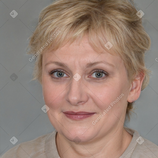 Joyful white adult female with medium  brown hair and blue eyes