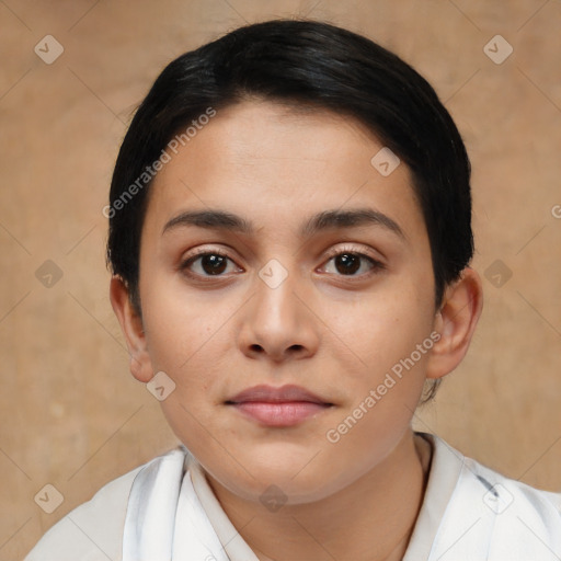 Neutral asian young-adult female with short  black hair and brown eyes