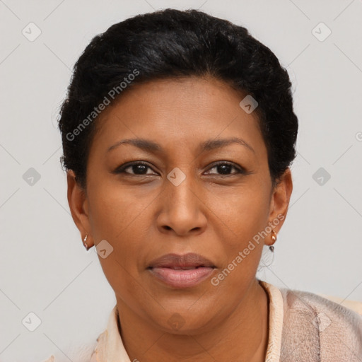 Joyful asian adult female with short  brown hair and brown eyes