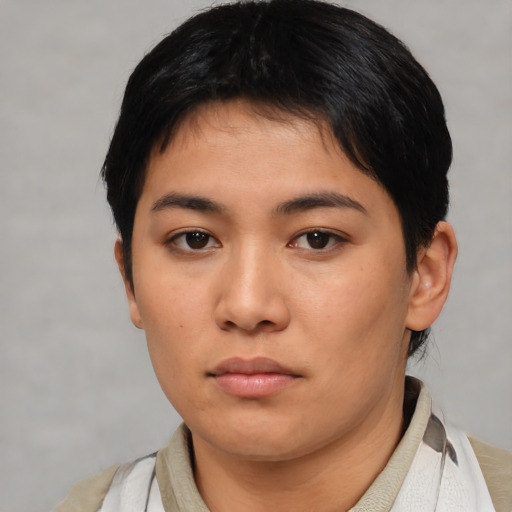 Neutral asian young-adult female with short  brown hair and brown eyes