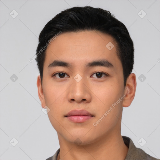 Neutral asian young-adult male with short  black hair and brown eyes
