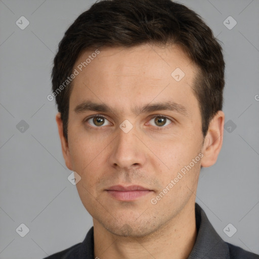 Neutral white young-adult male with short  brown hair and brown eyes