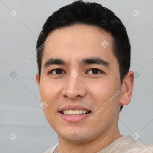 Joyful white young-adult male with short  black hair and brown eyes