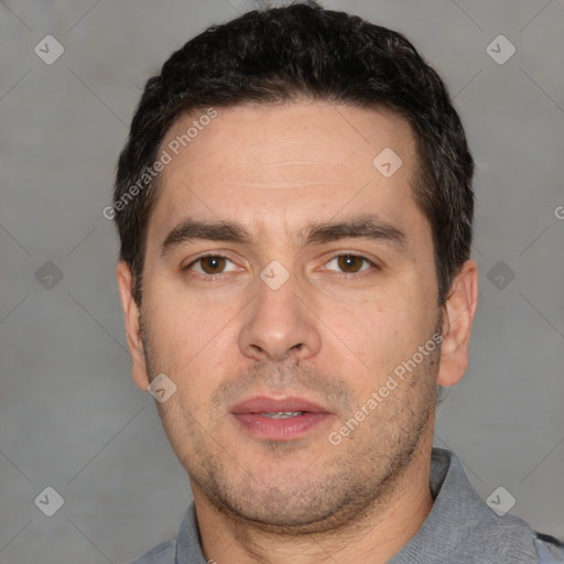 Neutral white adult male with short  black hair and brown eyes