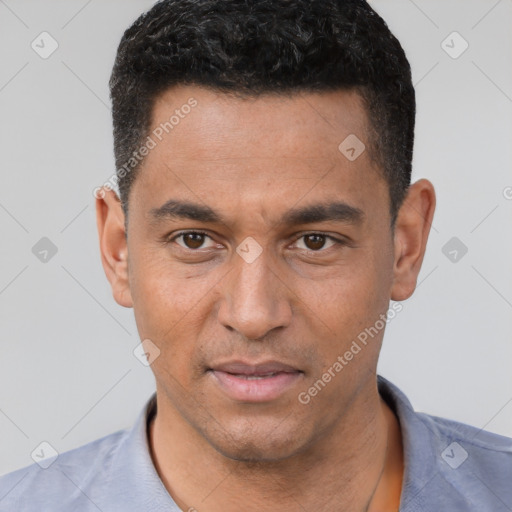Neutral white young-adult male with short  black hair and brown eyes