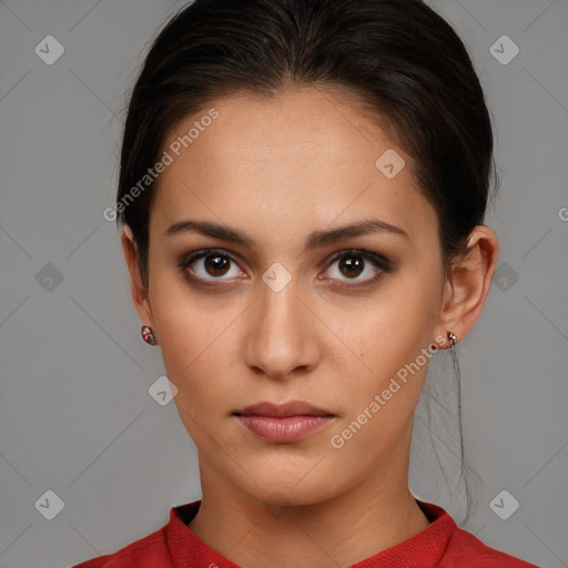 Neutral white young-adult female with short  brown hair and brown eyes