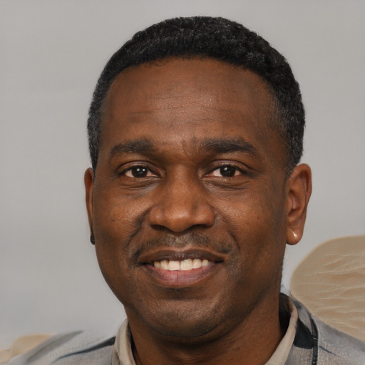 Joyful latino adult male with short  black hair and brown eyes