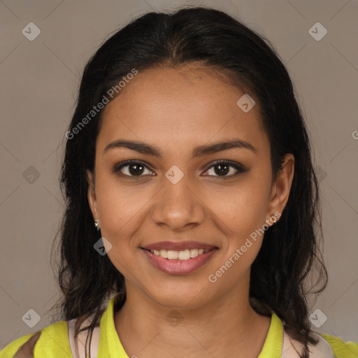 Joyful latino young-adult female with medium  brown hair and brown eyes