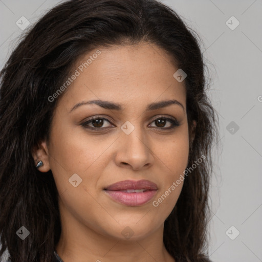 Joyful latino young-adult female with long  brown hair and brown eyes