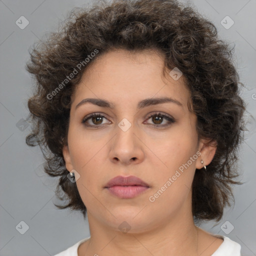 Neutral white young-adult female with medium  brown hair and brown eyes