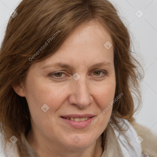 Joyful white adult female with medium  brown hair and brown eyes