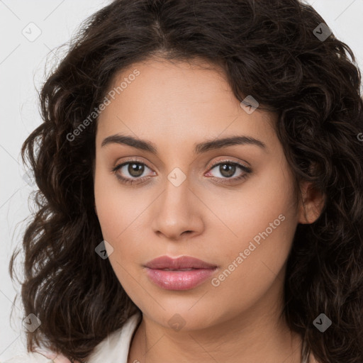 Neutral white young-adult female with long  brown hair and brown eyes