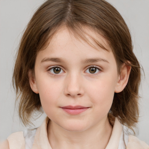 Joyful white child female with medium  brown hair and brown eyes