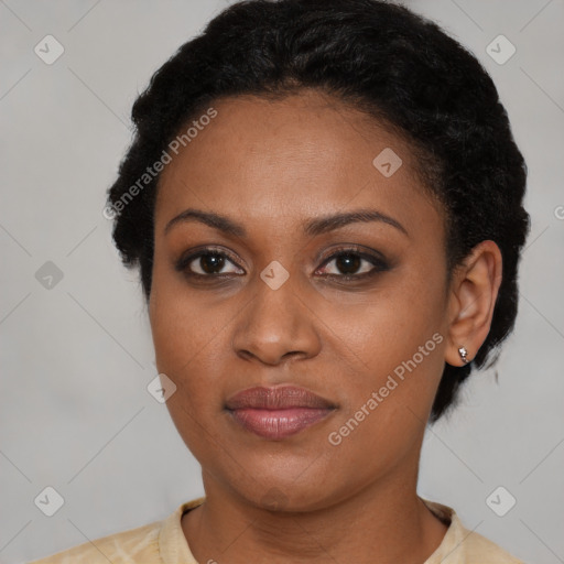 Joyful latino young-adult female with short  black hair and brown eyes