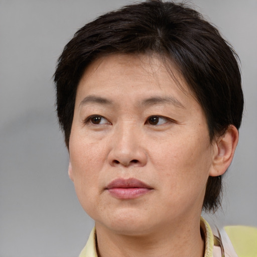 Joyful white adult female with medium  brown hair and brown eyes