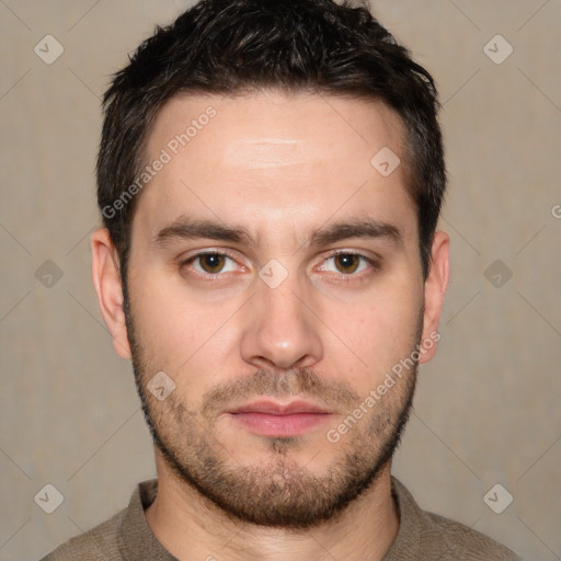 Neutral white young-adult male with short  brown hair and brown eyes