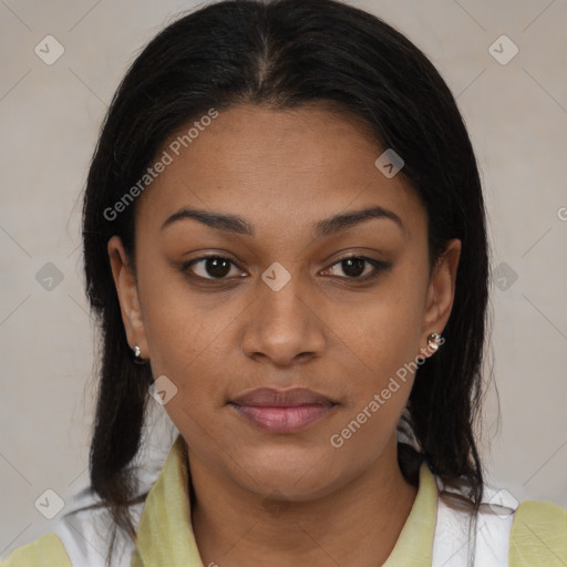 Joyful latino young-adult female with medium  brown hair and brown eyes