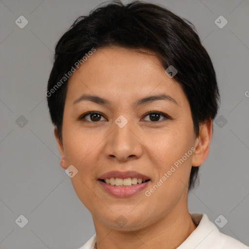 Joyful asian young-adult female with short  brown hair and brown eyes