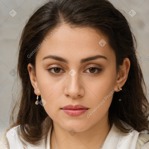 Neutral white young-adult female with medium  brown hair and brown eyes