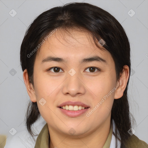 Joyful white young-adult female with medium  brown hair and brown eyes