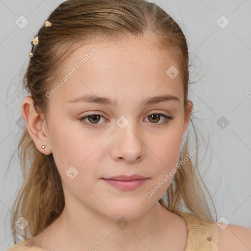 Joyful white child female with medium  brown hair and brown eyes