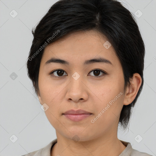 Neutral asian young-adult female with medium  brown hair and brown eyes