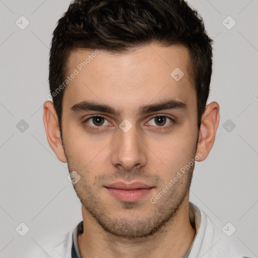 Neutral white young-adult male with short  brown hair and brown eyes