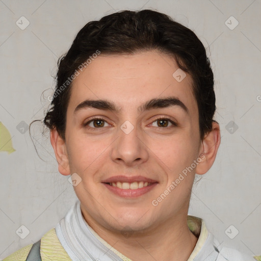 Joyful white young-adult male with medium  brown hair and brown eyes