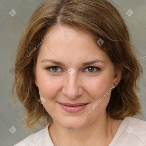 Joyful white young-adult female with medium  brown hair and green eyes