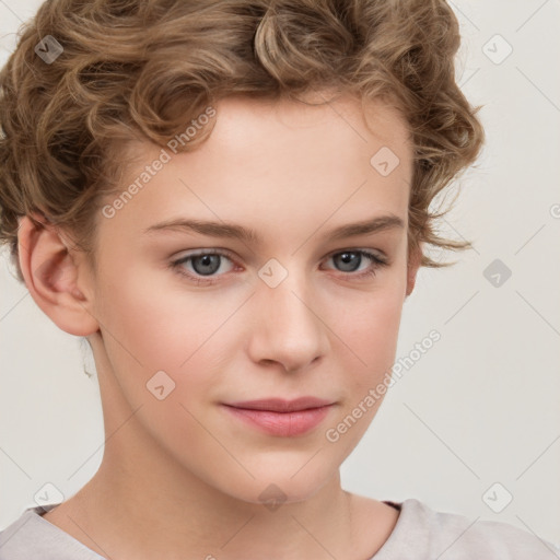 Joyful white child female with short  brown hair and brown eyes