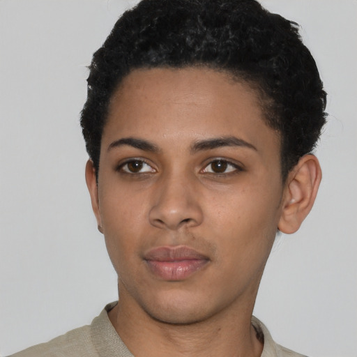 Neutral latino young-adult female with short  black hair and brown eyes