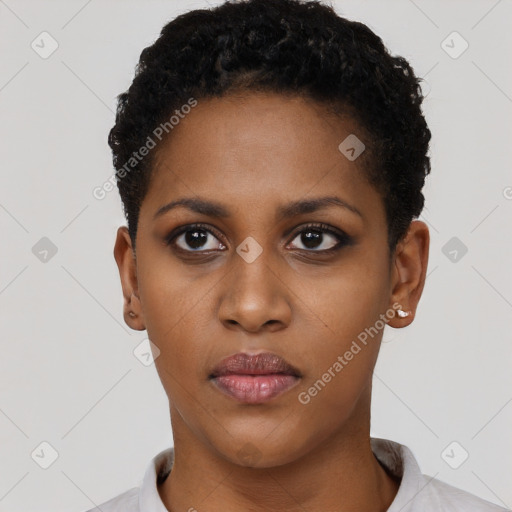 Neutral black young-adult female with short  brown hair and brown eyes