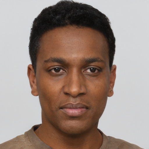 Neutral black young-adult male with short  black hair and brown eyes