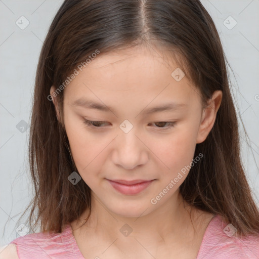 Joyful white child female with medium  brown hair and brown eyes