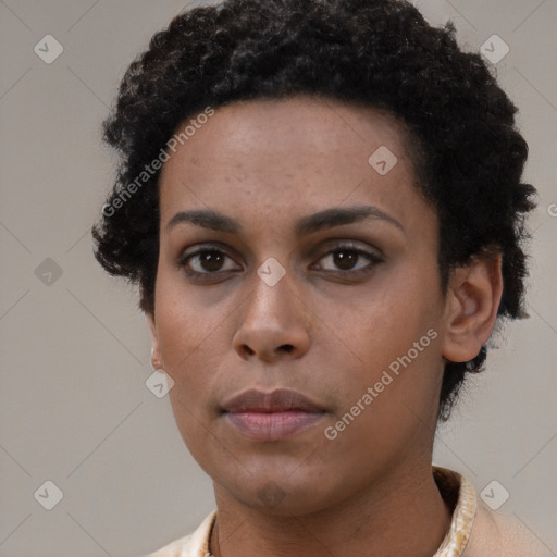 Neutral black young-adult female with short  black hair and brown eyes