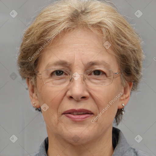 Joyful white middle-aged female with medium  brown hair and grey eyes