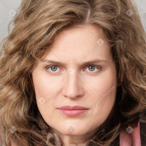 Joyful white young-adult female with long  brown hair and green eyes