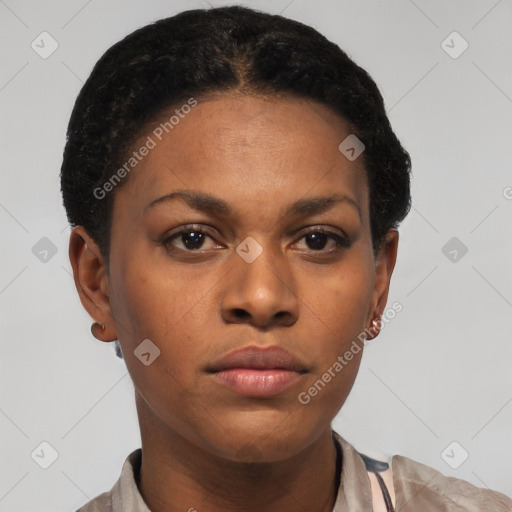 Neutral black young-adult female with short  brown hair and brown eyes