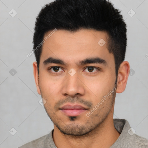 Neutral asian young-adult male with short  black hair and brown eyes