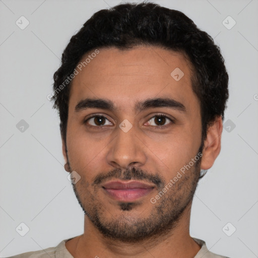 Neutral latino young-adult male with short  black hair and brown eyes
