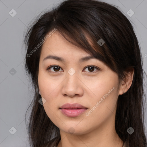 Joyful white young-adult female with medium  brown hair and brown eyes