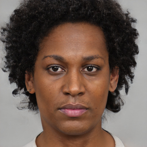 Neutral black young-adult female with short  brown hair and brown eyes
